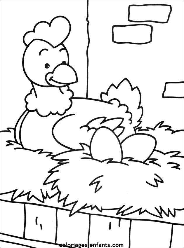 Coloriage d'une poule évoluant dans un champ ensoleillé