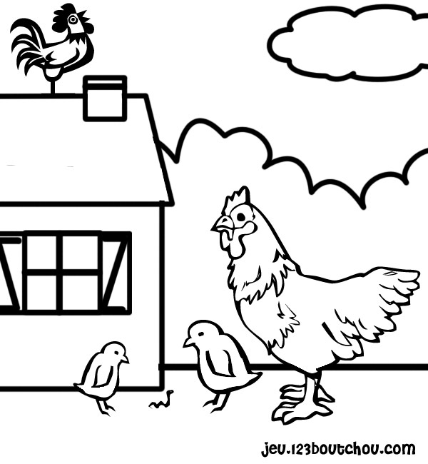 Un coloriage de poule dans un jardin champêtre