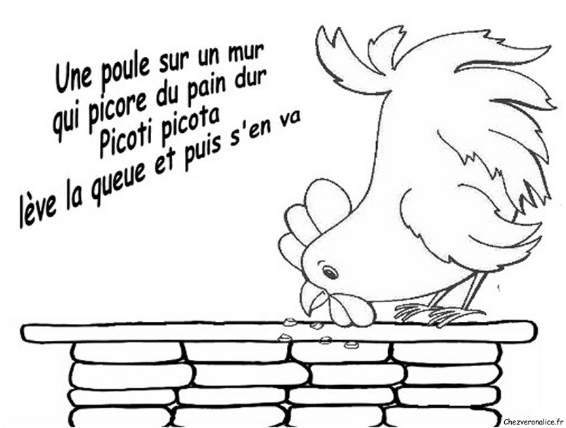 Coloriage d'une poule sur un fond de prairie