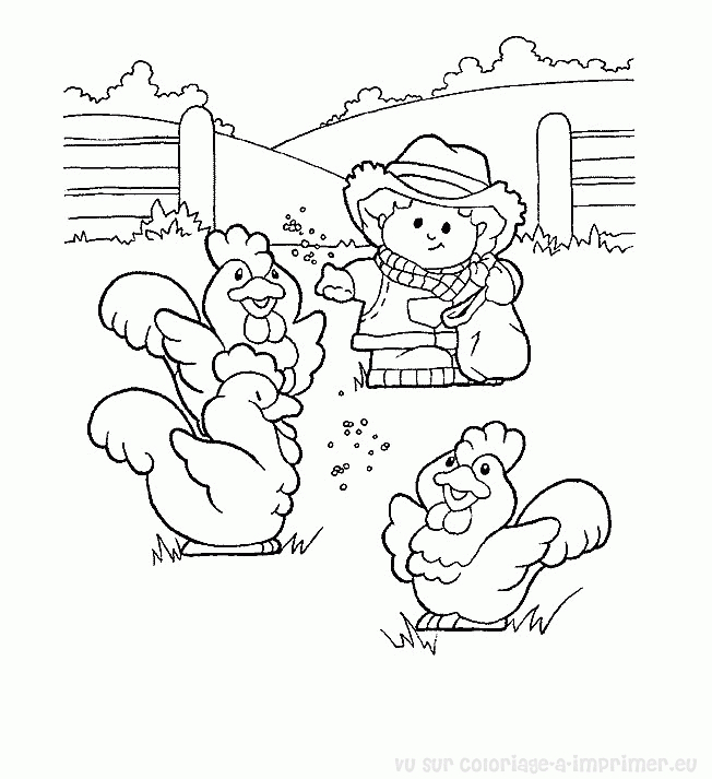 Coloriage d'une poule dans un décor de jardin