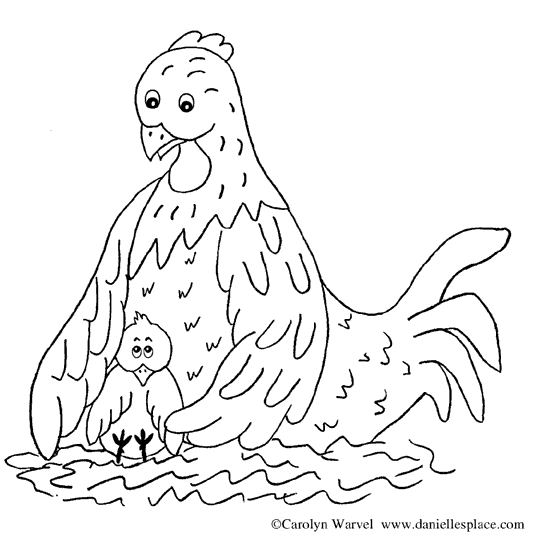 Coloriage d'une poule se promenant dans un jardin