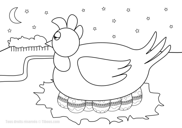 Coloriage d'une poule se promenant dans un jardin