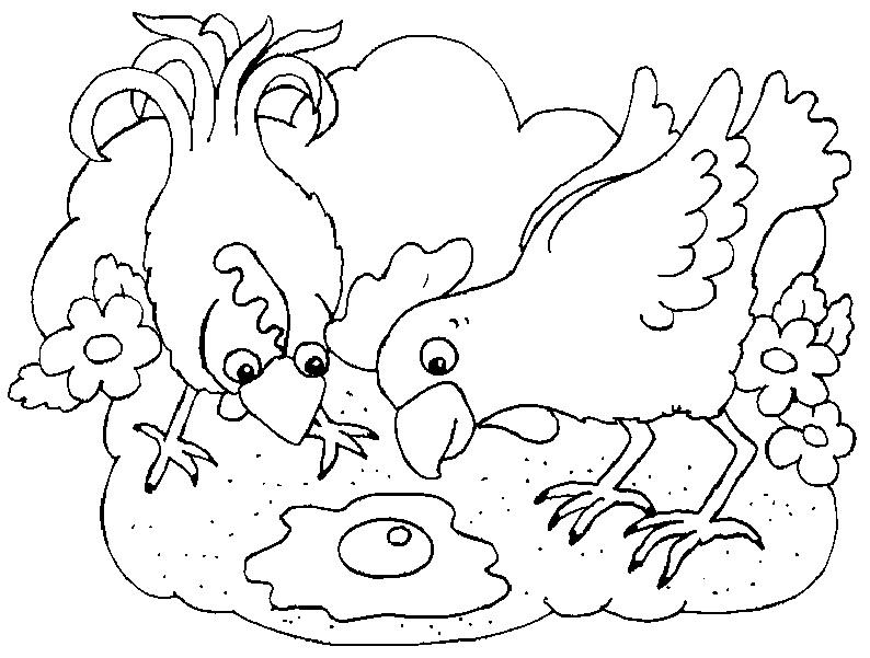 Coloriage d'un poulet joyeux dans un paysage champêtre