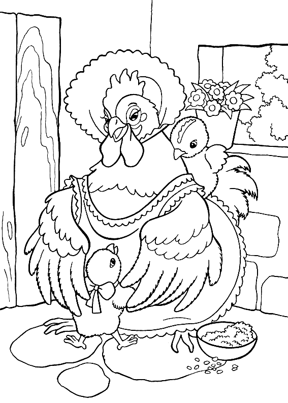 Coloriage d'un poulet joyeux dans un décor champêtre
