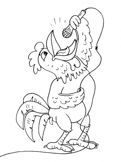 Coloriage d'un poulet joyeux dans un décor rural