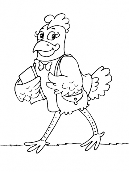 Coloriage d'un poulet joyeux sur un fond de jardin