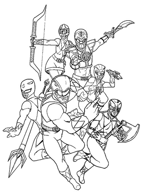 Coloriage des Power Rangers en pleine action dans un décor urbain