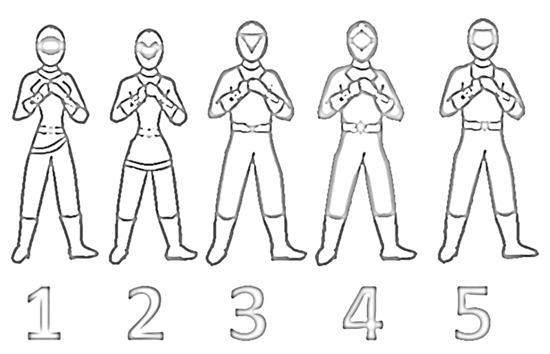 Scène dynamique des Power Rangers en action avec leurs costumes emblématiques