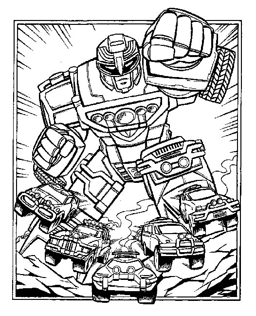 Coloriage des Power Rangers en pleine action contre un monstre