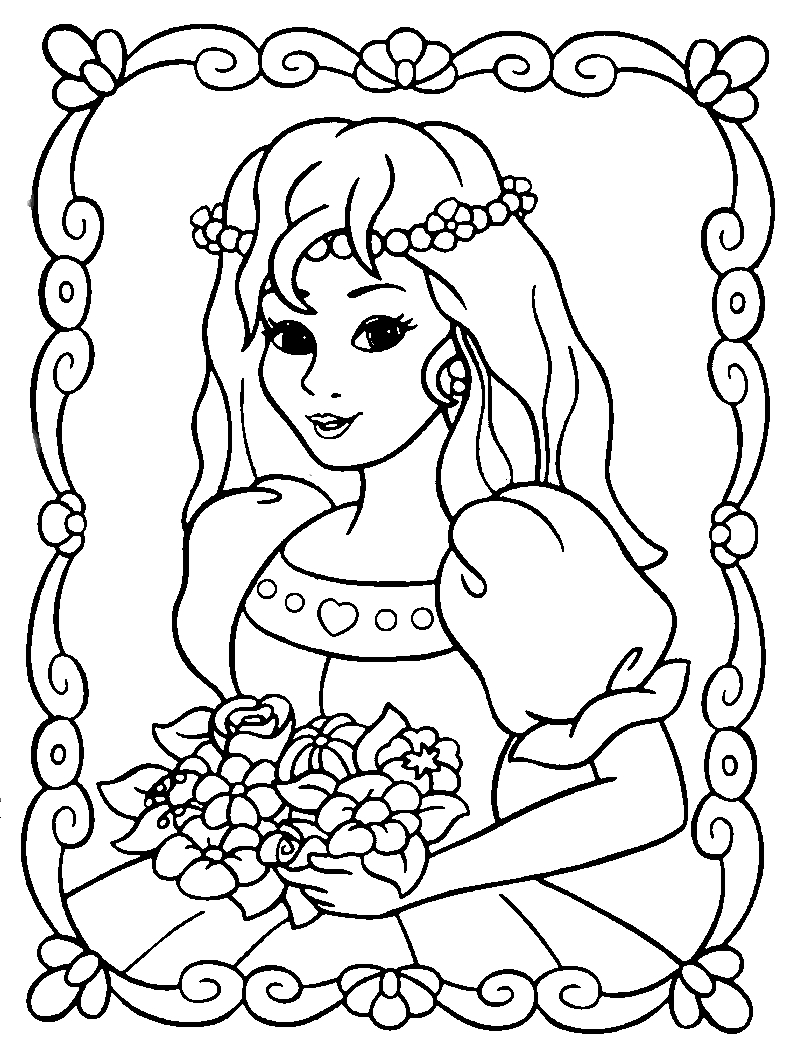 Coloriage d'une princesse avec sa robe élégante dans un jardin
