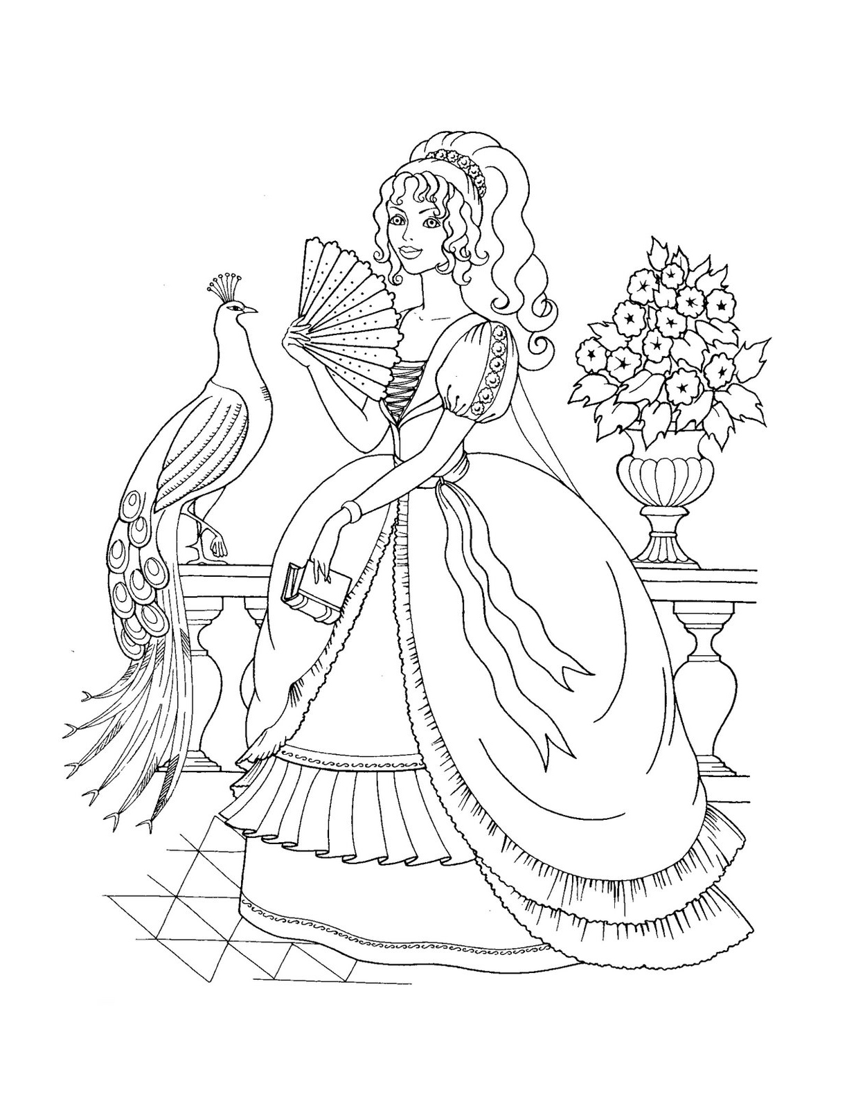 Coloriage d'une princesse dans un décor de château Coloriage d'une princesse dans un décor de château