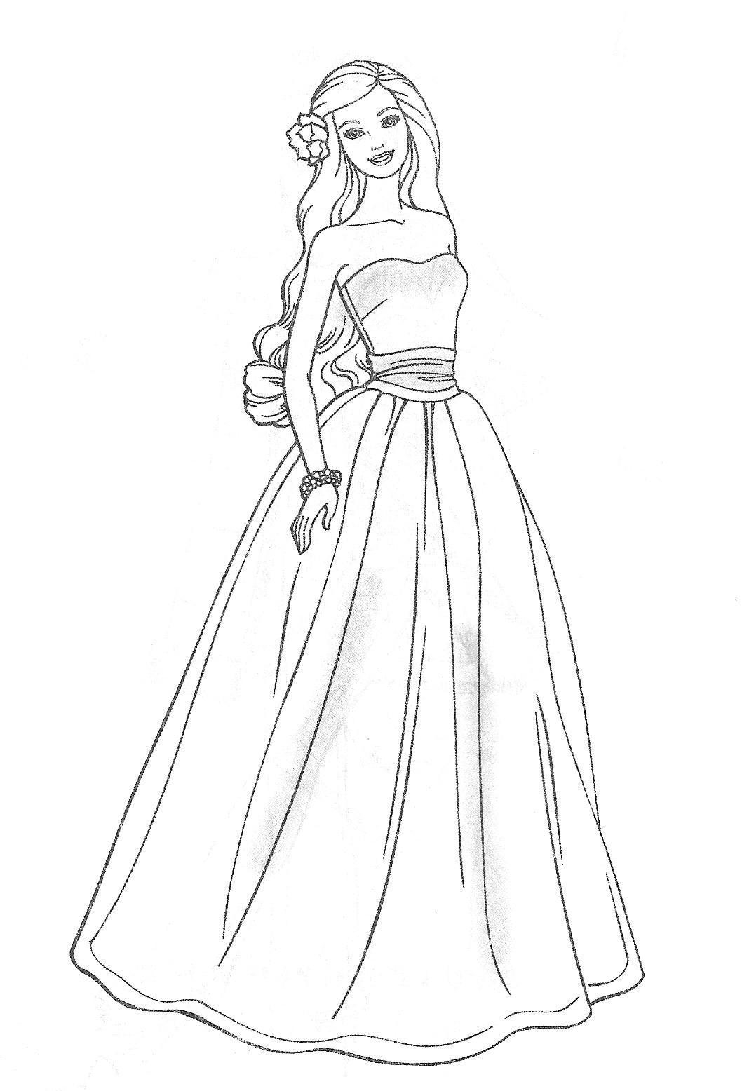 Coloriage d'une princesse en robe élégante dans un jardin fleuri