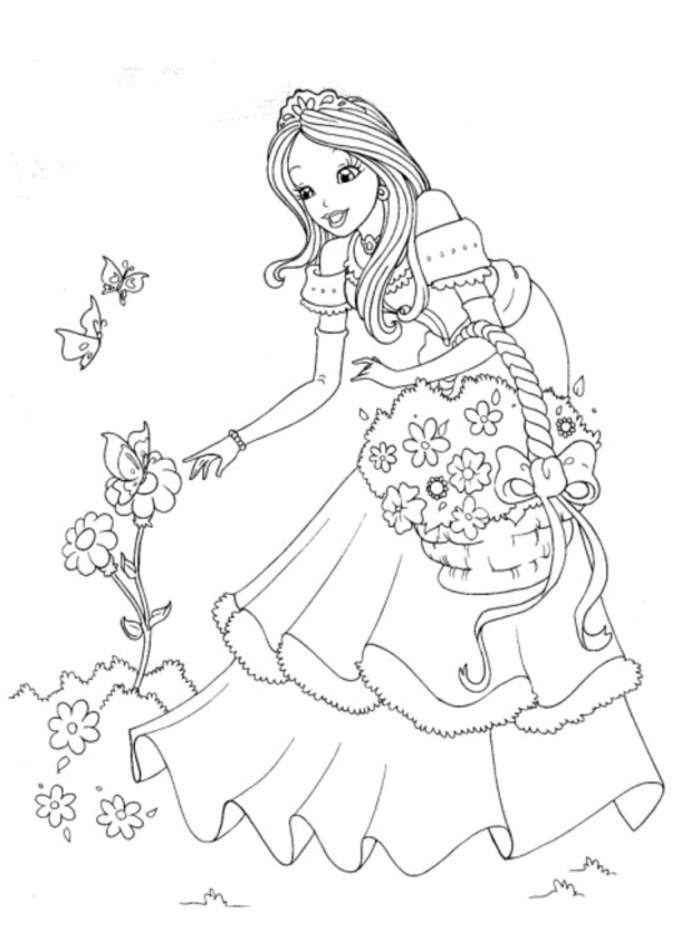 Coloriage d'une princesse souriante dans un jardin fleuri