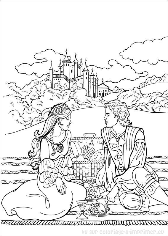Coloriage d'une princesse en train de se promener dans un jardin