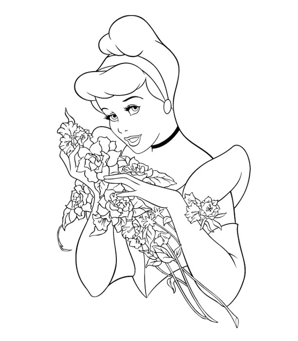 Coloriage d'une princesse souriante dans un jardin luxuriant