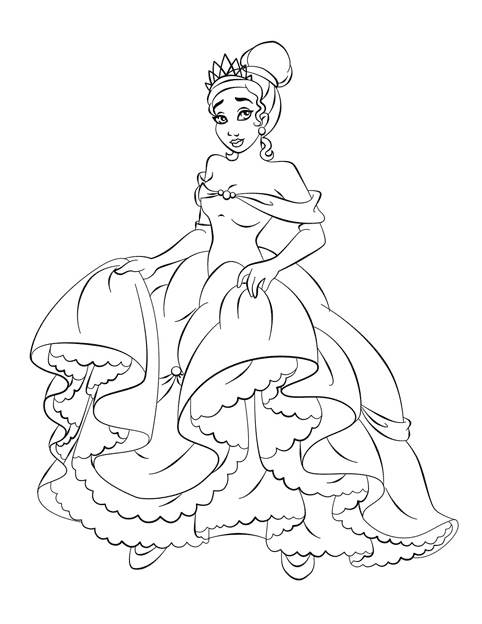 Coloriage d'une princesse vêtue d'une élégante robe dans un jardin fleuri