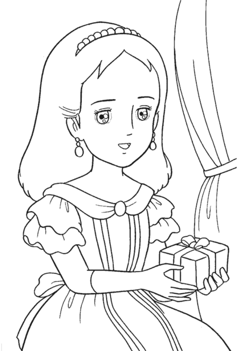 Coloriage d'une princesse souriante dans un jardin fleuri