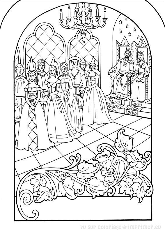 Coloriage d'une princesse dans un jardin enchanteur avec un dragon