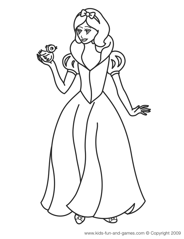 Coloriage d'une princesse entourée de fleurs et d'animaux
