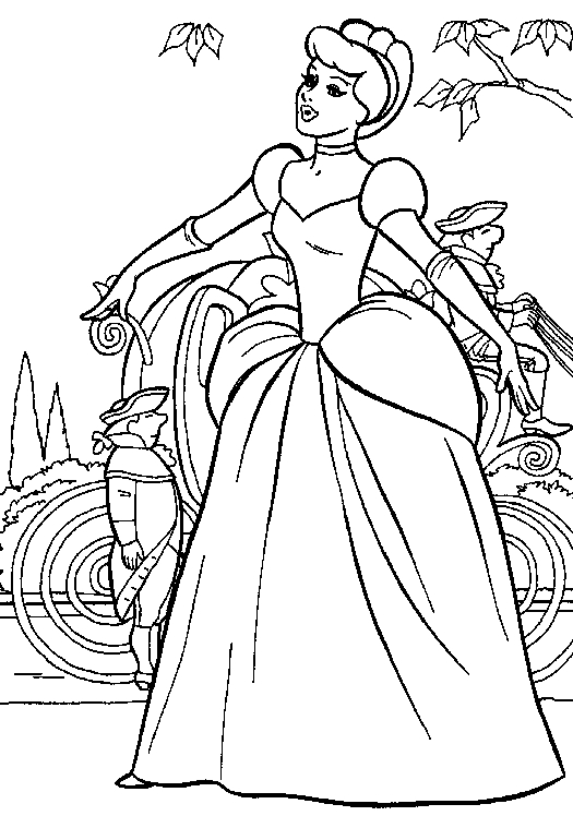 Coloriage d'une princesse avec une robe élégante dans un décor de conte