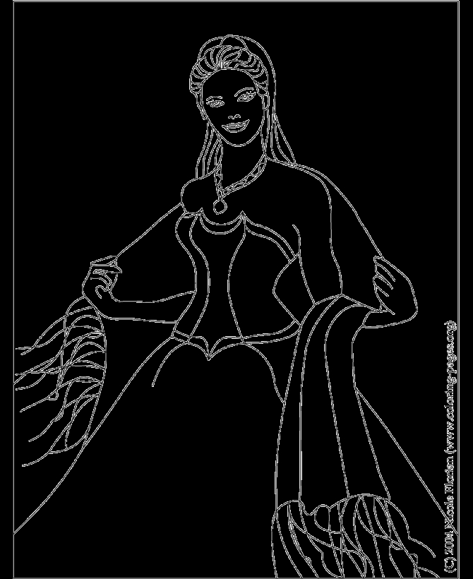 Coloriage d'une princesse avec une robe élégante dans un décor naturel