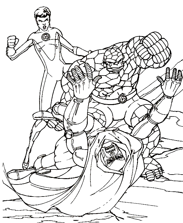 Coloriage des Quatre Fantastiques en action dans un décor urbain