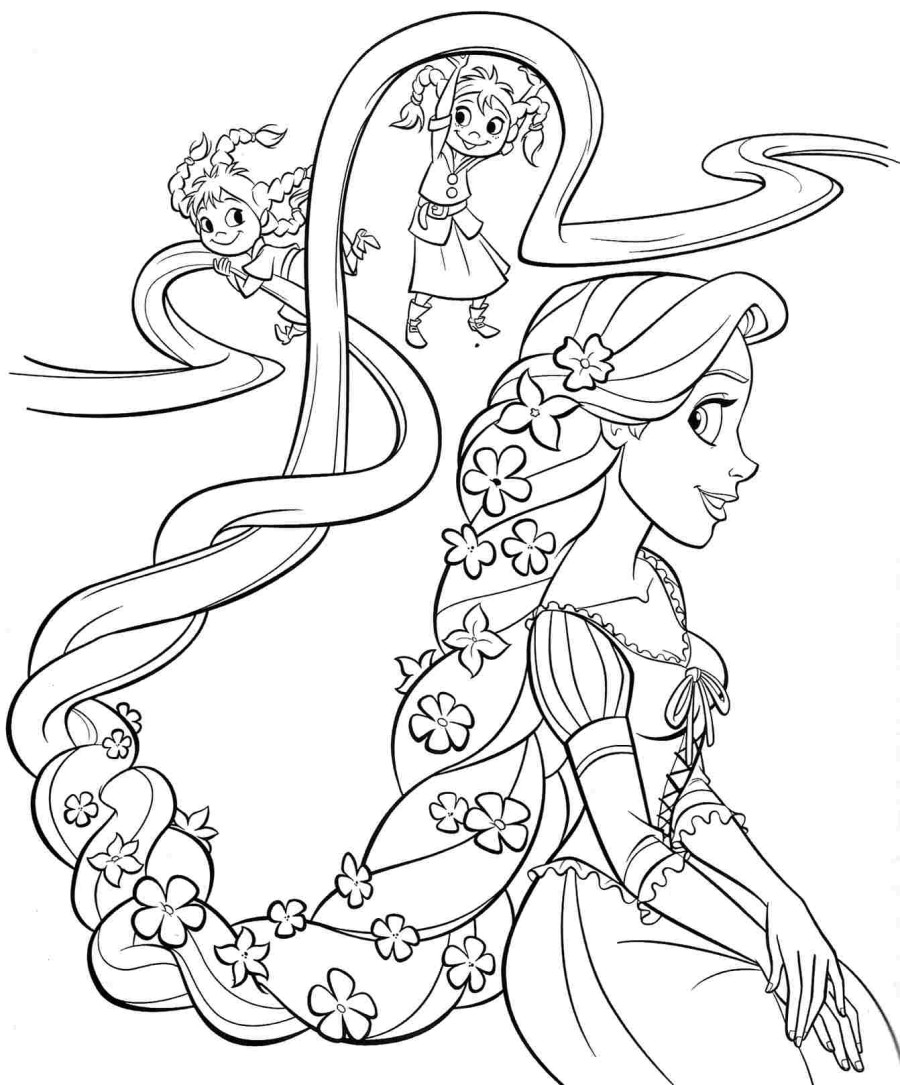 Raiponce dans sa tour avec ses longs cheveux et un paysage verdoyant