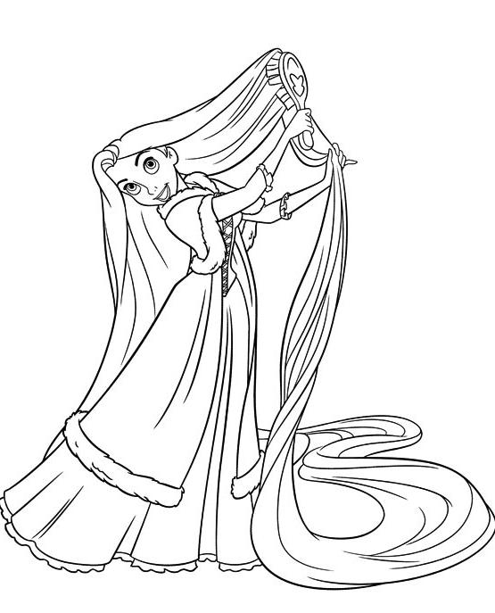 Coloriage de Raiponce dans sa tour avec ses cheveux longs