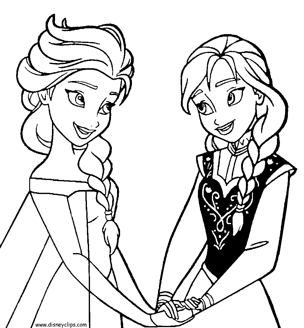 Coloriage de la Reine des Neiges avec Elsa et Anna dans un paysage hivernal