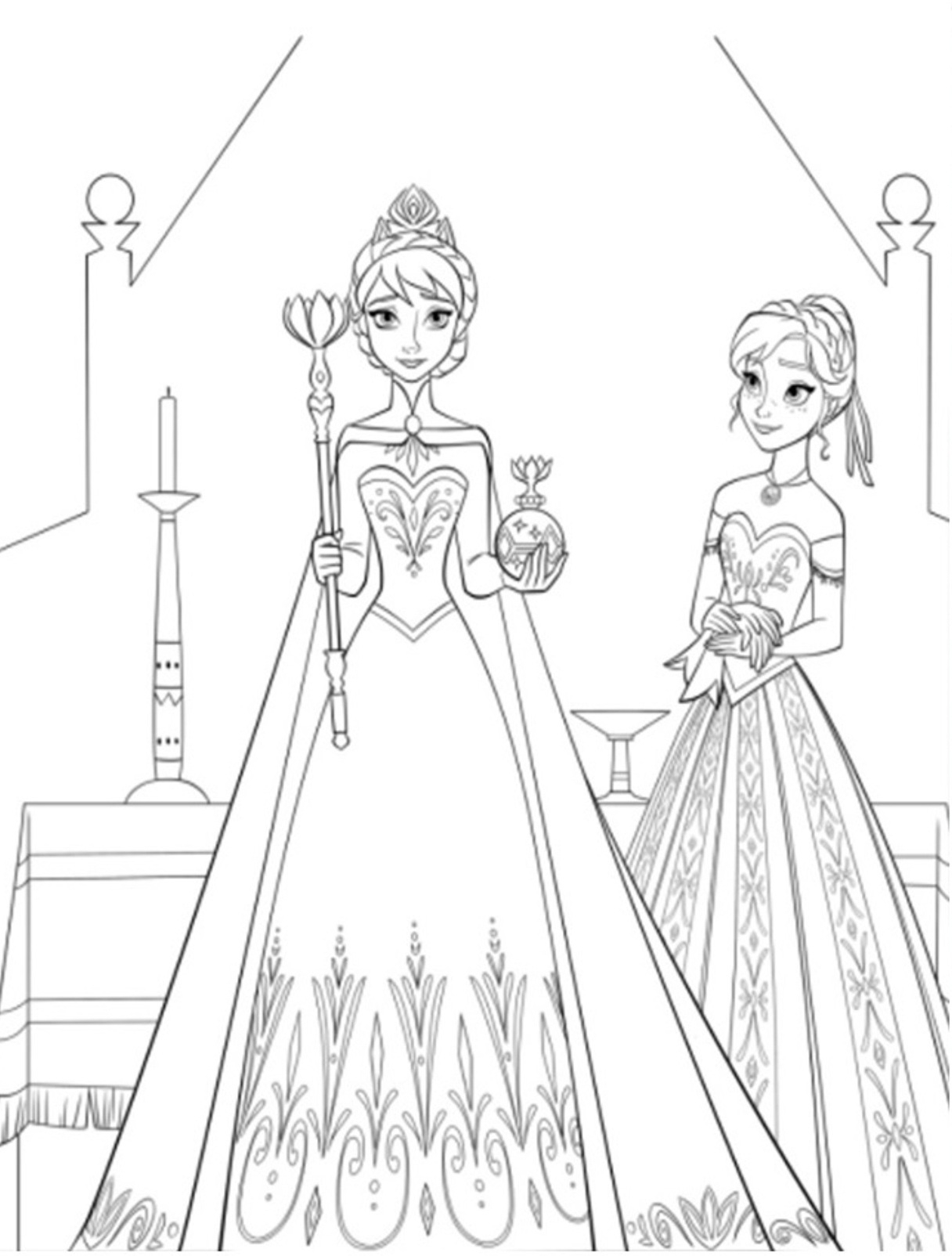 Coloriage de la Reine des Neiges avec Elsa et un paysage hivernal