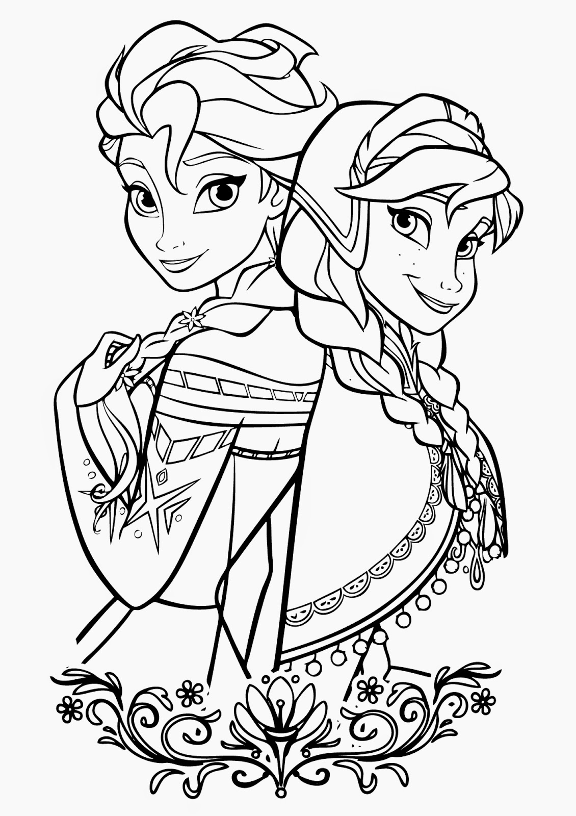 Coloriage de la Reine des Neiges avec Elsa et Anna dans un paysage hivernal