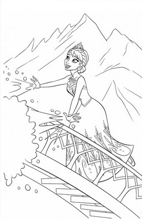 Coloriage de la Reine des Neiges avec Elsa et un paysage enneigé