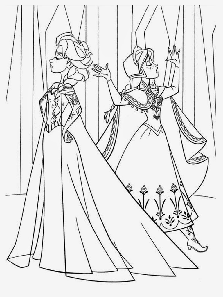 Coloriage d'Anna et Elsa du film La Reine des Neiges en pleine aventure
