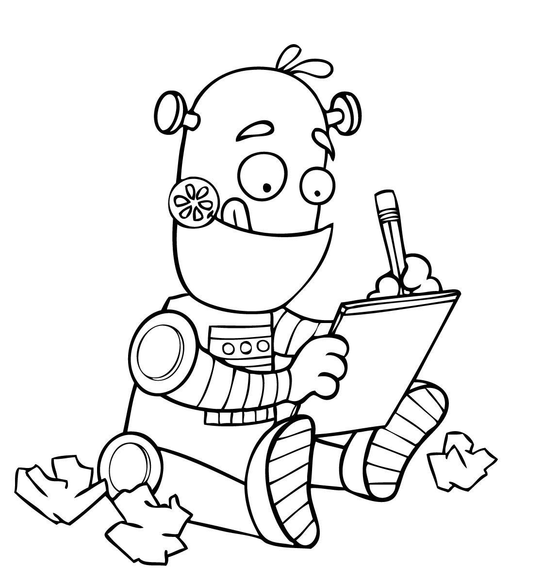 Un robot souriant en pleine aventure sur fond futuriste