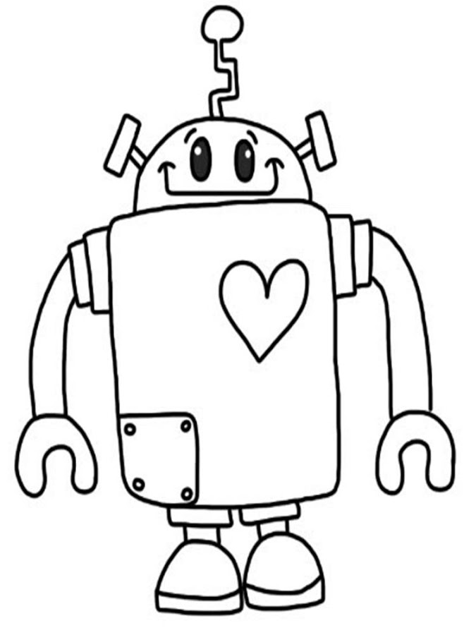 Coloriage d'un robot sympathique entouré d'engrenages et d'outils