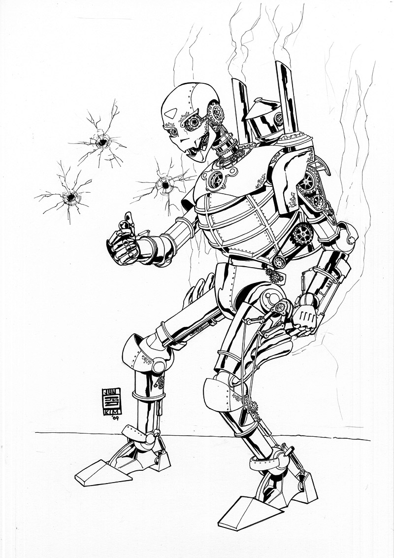 Coloriage d'un robot moderne en action dans un décor futuriste