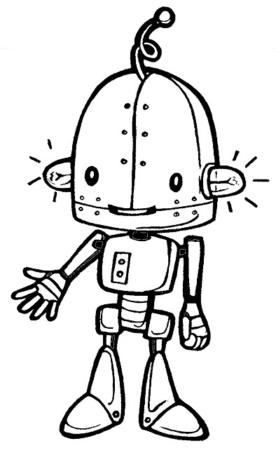 Coloriage d'un robot amical dans un décor futuriste