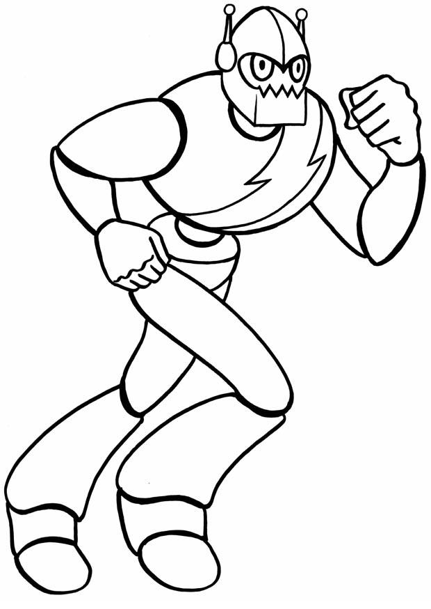 Coloriage d'un robot amusant en plein action dans un environnement futuriste