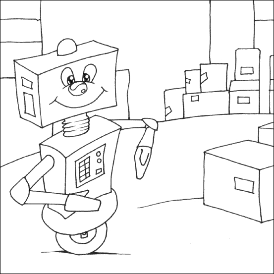 Coloriage d'un robot aux formes géométriques dans un décor futuriste