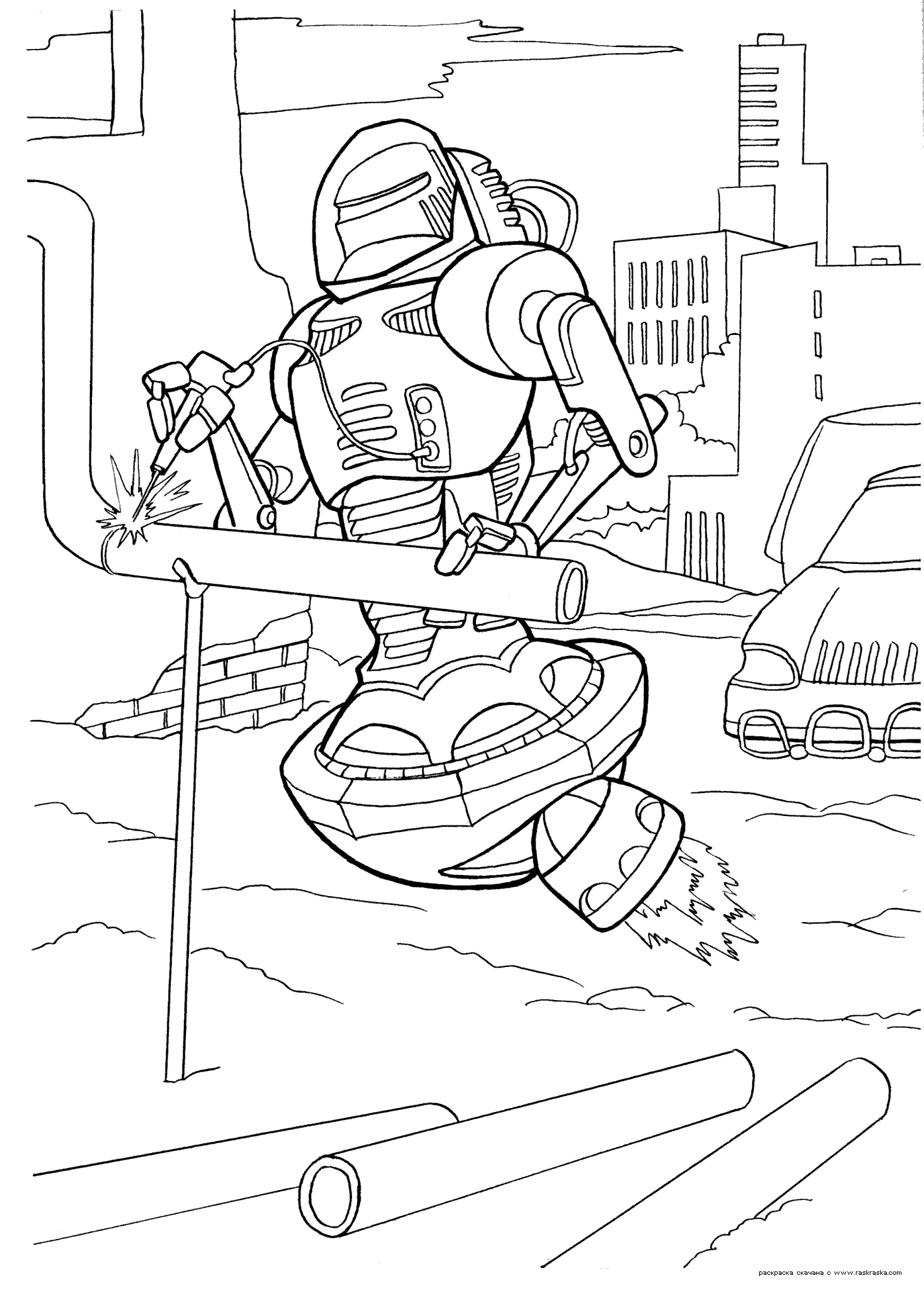 Coloriage d'un robot en pleine action avec des éléments futuristes