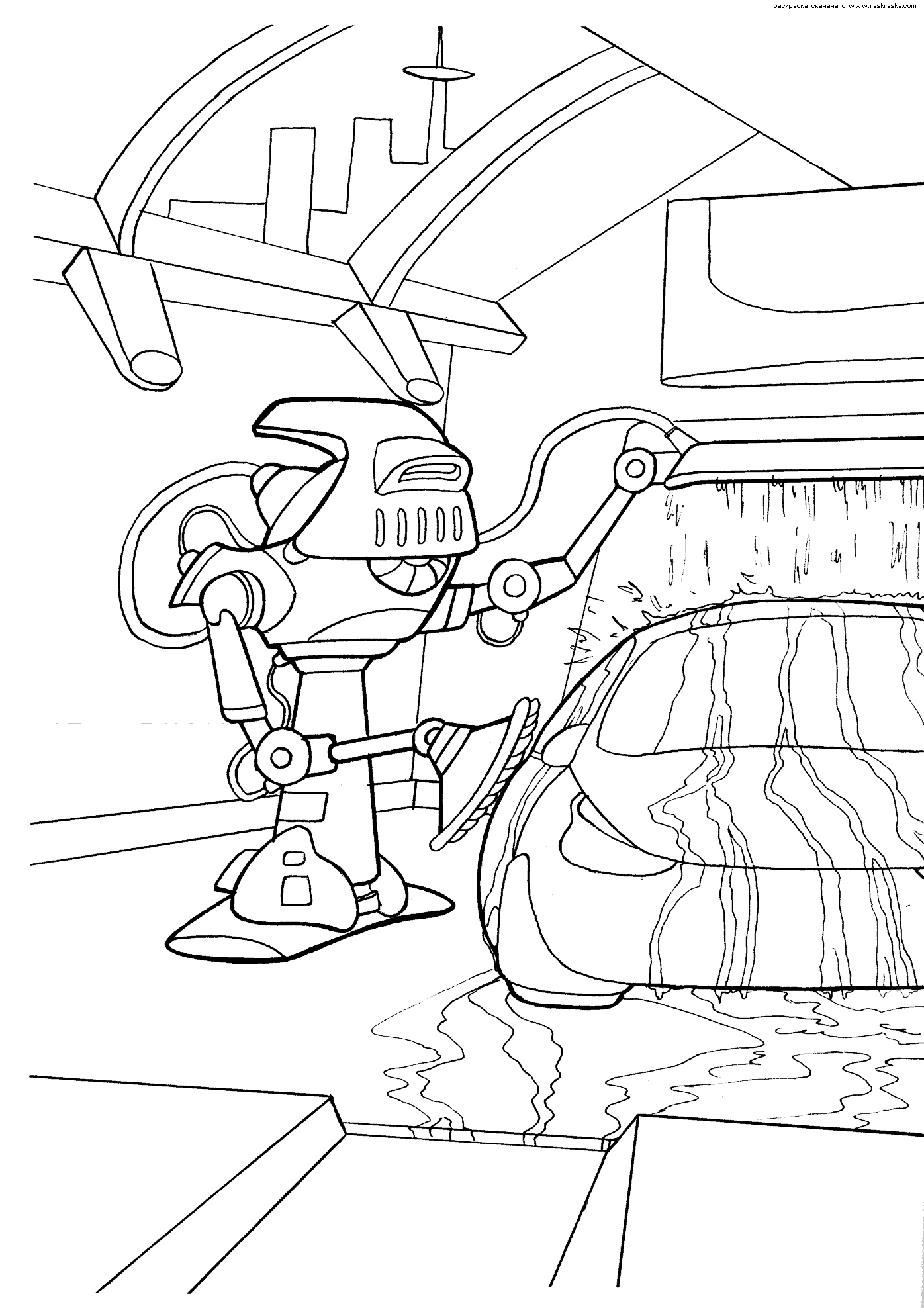 Coloriage d'un robot en pleine action dans un décor futuriste
