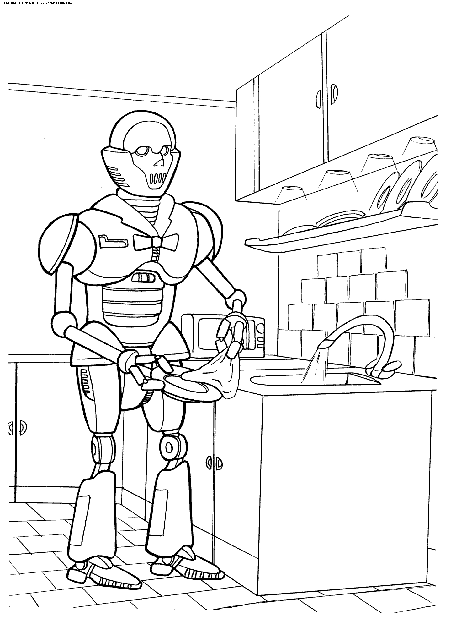 Coloriage d'un robot joyeux en pleine aventure sur fond futuriste