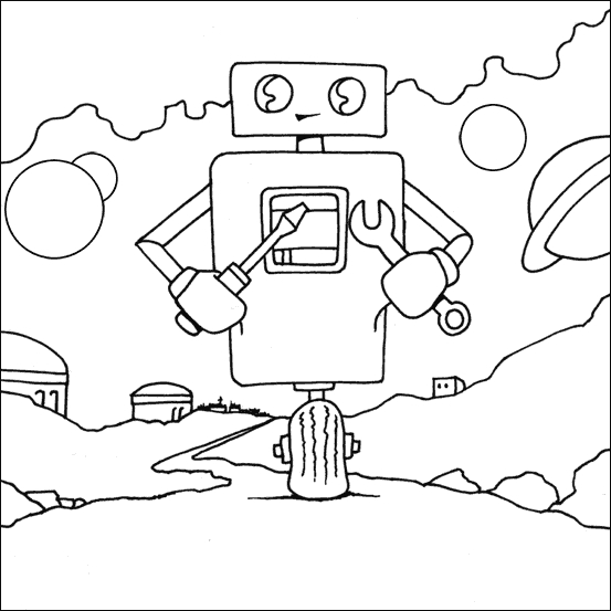 Coloriage d'un robot futuriste dans un décor mécanique