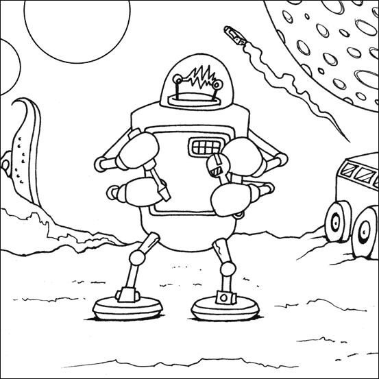 Coloriage d'un robot futuriste dans un décor technologique Coloriage d'un robot futuriste dans un décor technologique