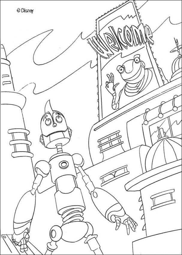 Coloriage d'un robot souriant au milieu d'un paysage futuriste