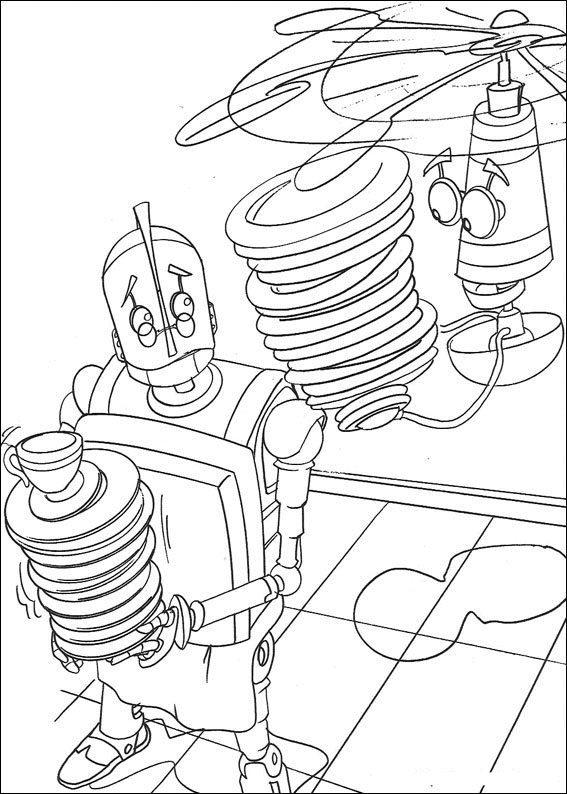 Un robot amical dans un décor futuriste prêt à être colorié Un robot amical dans un décor futuriste prêt à être colorié