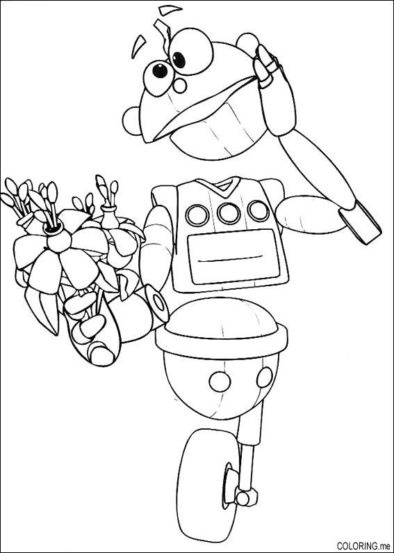 Coloriage d'un robot en pleine action avec un décor futuriste