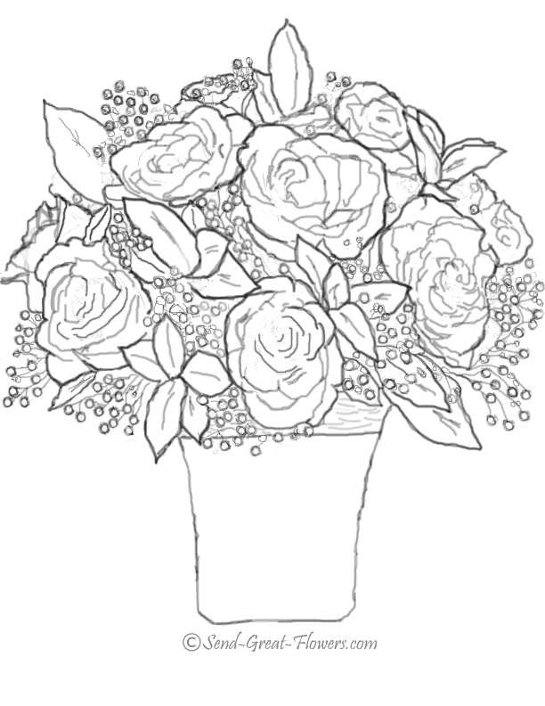 Coloriage de roses épanouies sur tige avec feuillage