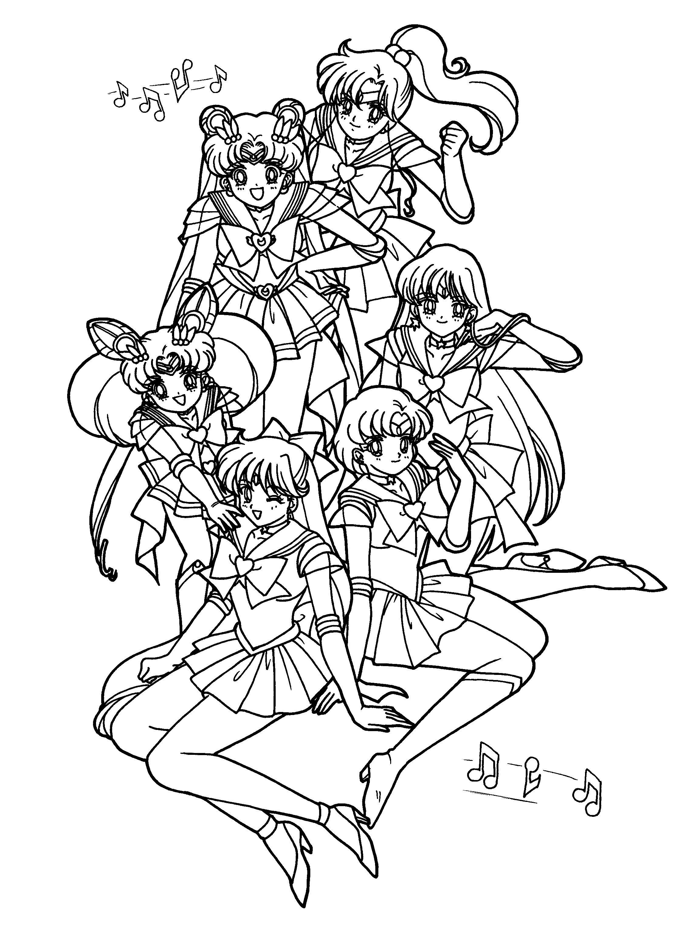 Coloriage de Sailor Moon en pleine action avec ses amis