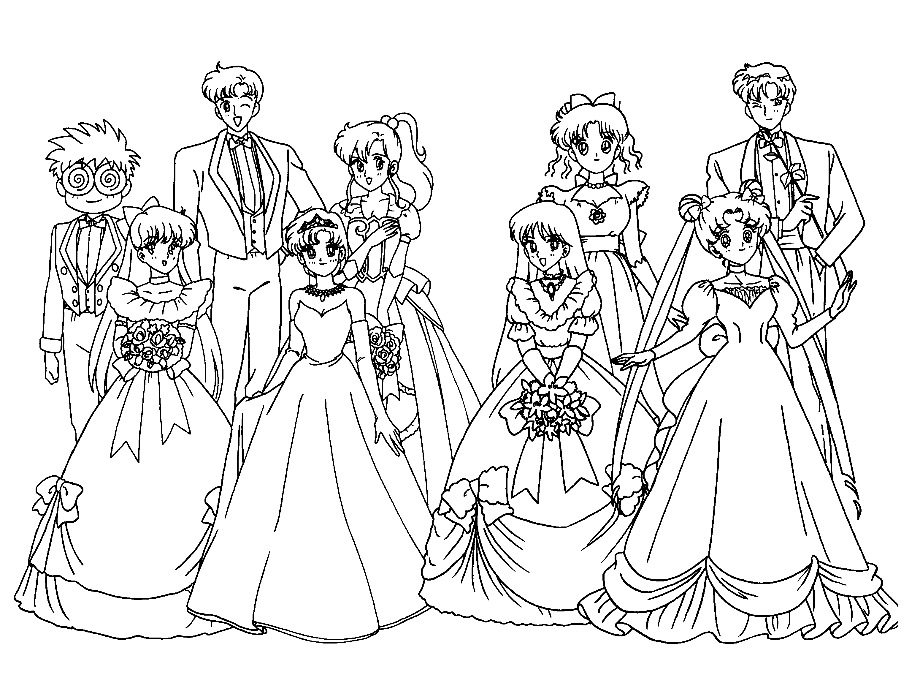 Coloriage de Sailor Moon en pleine action avec ses amies dans un décor dynamique